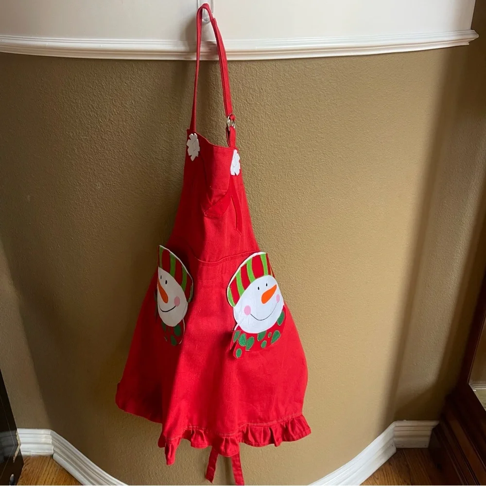 Snowman Apron with Pockets by Ritz Unisex Red Cotton Apron